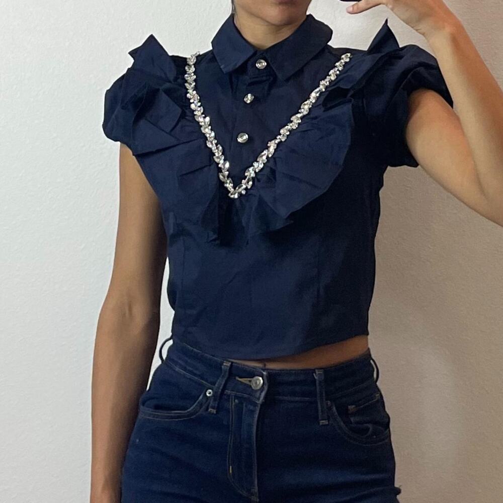 Navy Blue Ruffled Neck Shirt With Rhinestones